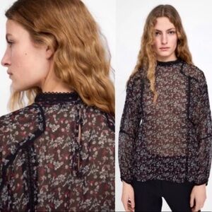 NWT Zara Sheer Floral Lace Peasant Babydoll Top S